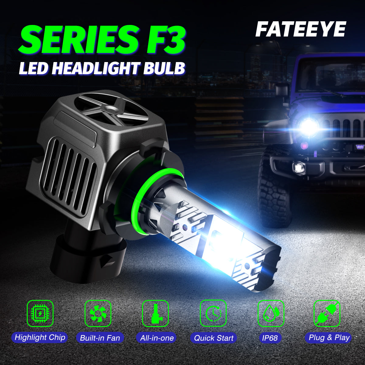 FATEEYE A700-F9S-H7 MOTO AUTO LED HEADLIGHT 200W 40000LUMEN ALL IN ONE